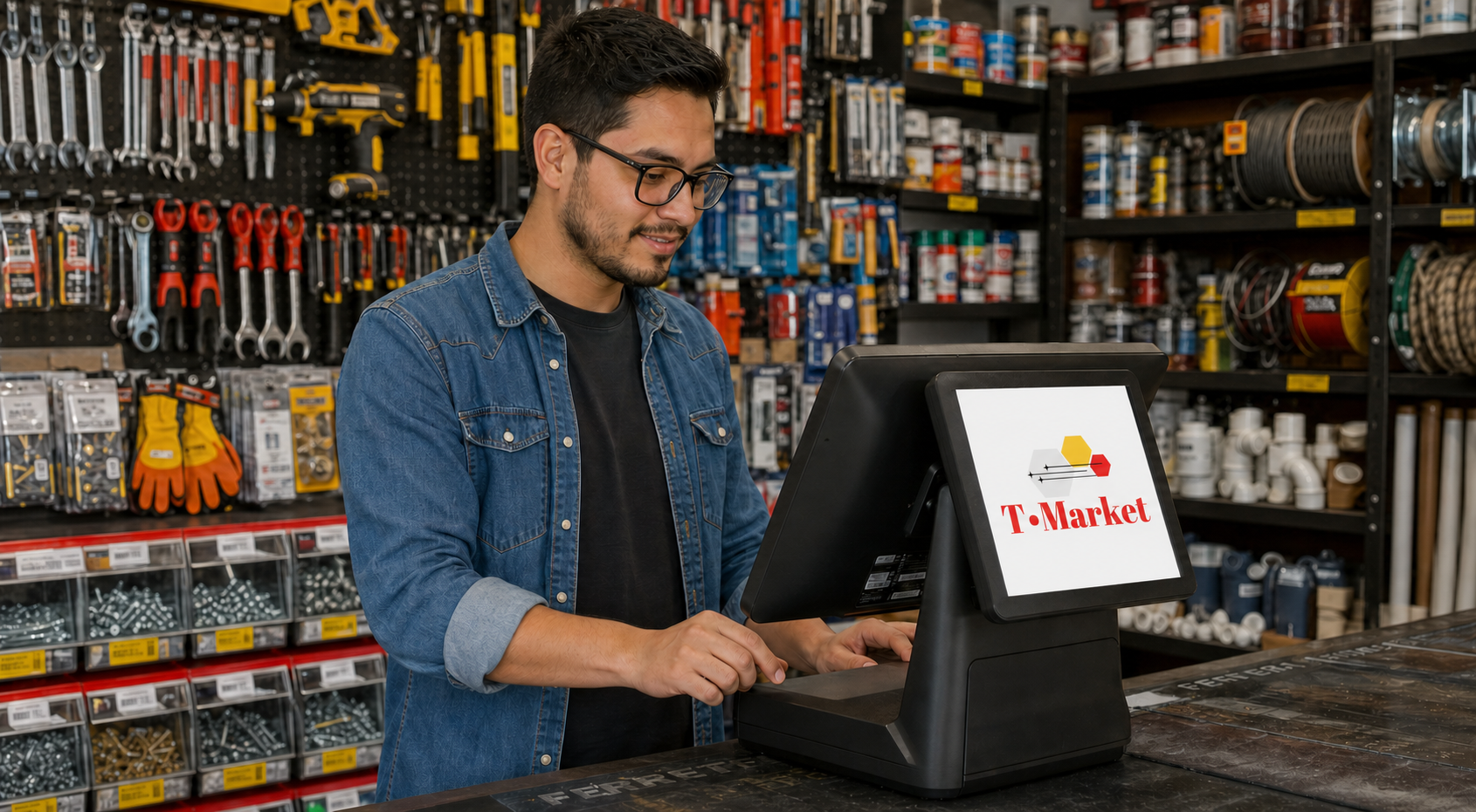 Joven comerciante mexicano utilizando T Market POS en una ferretería surtida