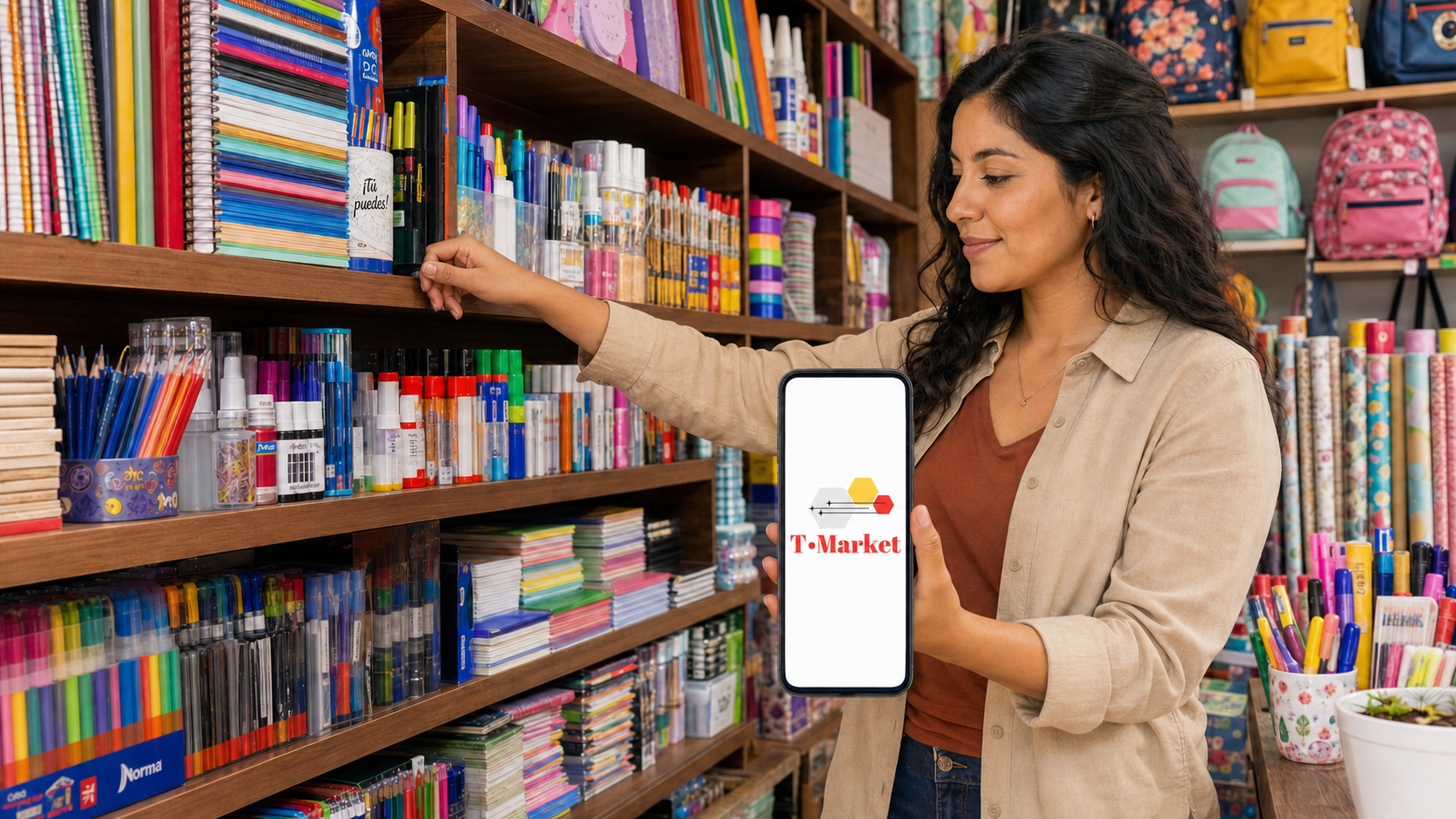 Comerciante mexicana utilizando T Market desde su teléfono en una papelería surtida